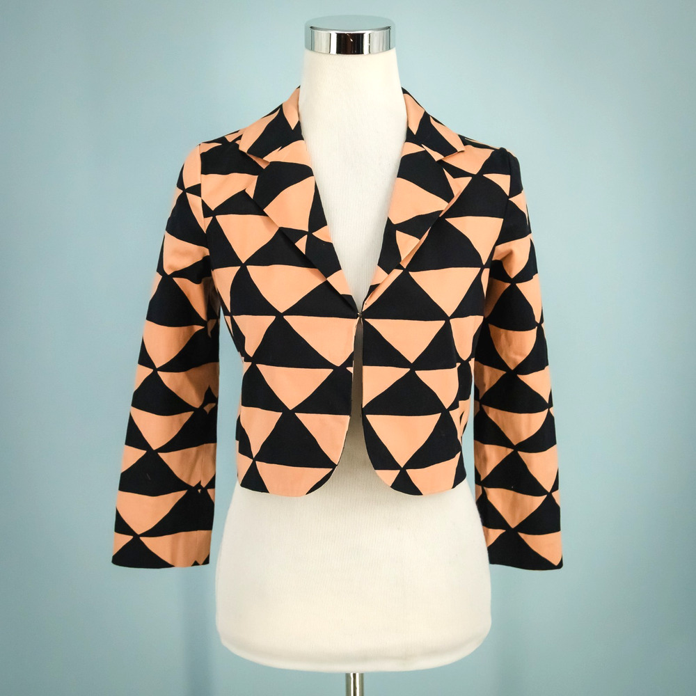 Kelly Wearstler Size 2 Black Peach Diamond Print Crop Cotton Blend Blazer Jacket